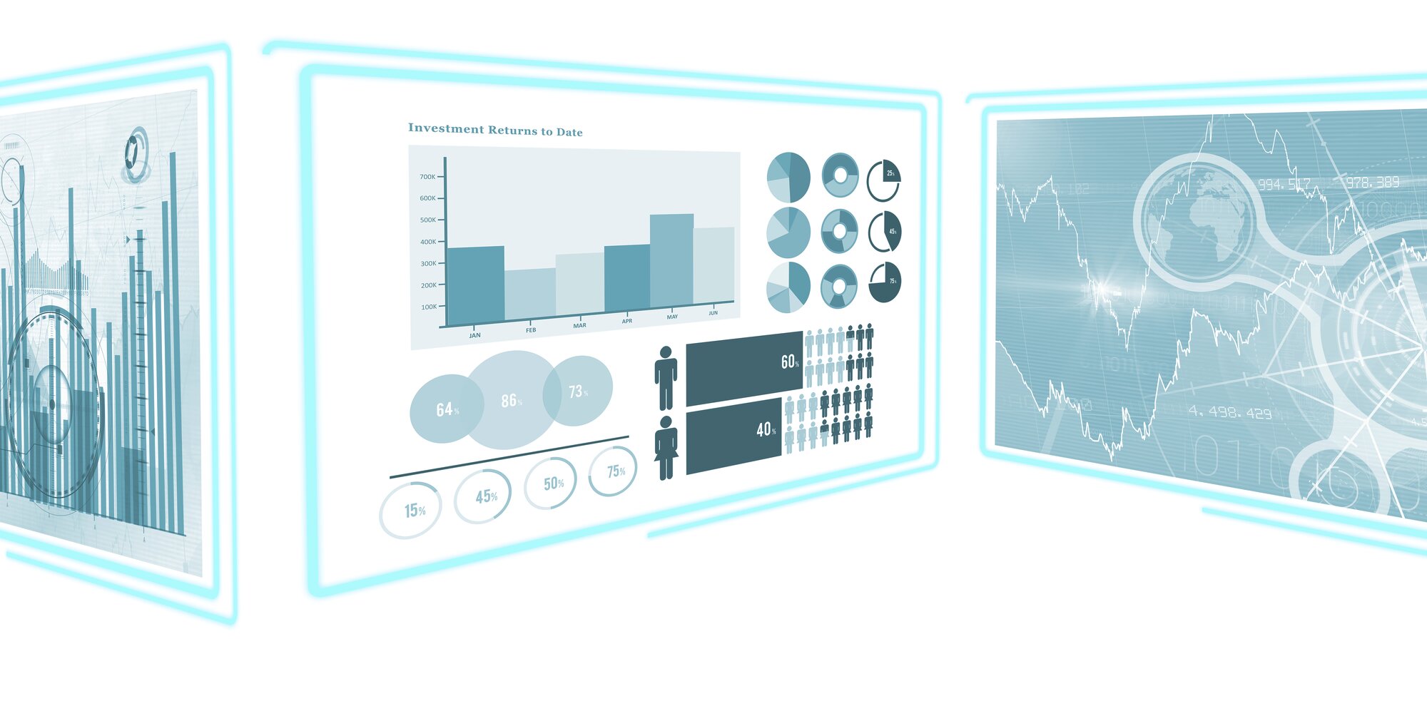 Futuristic dashboard with finance charts in blue